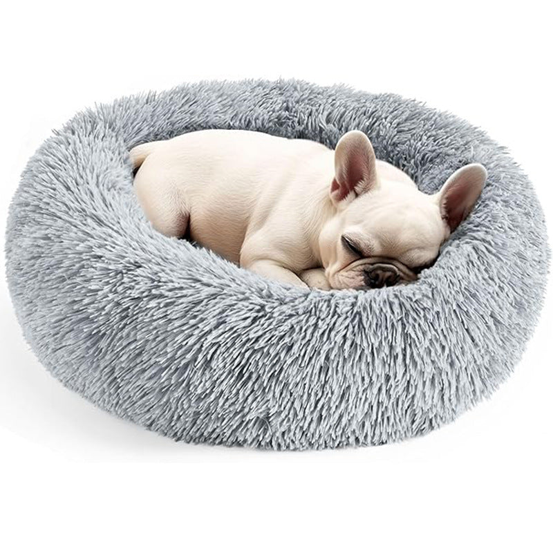 Cama donut gris de peluche para mascotas pequeñas en color gris