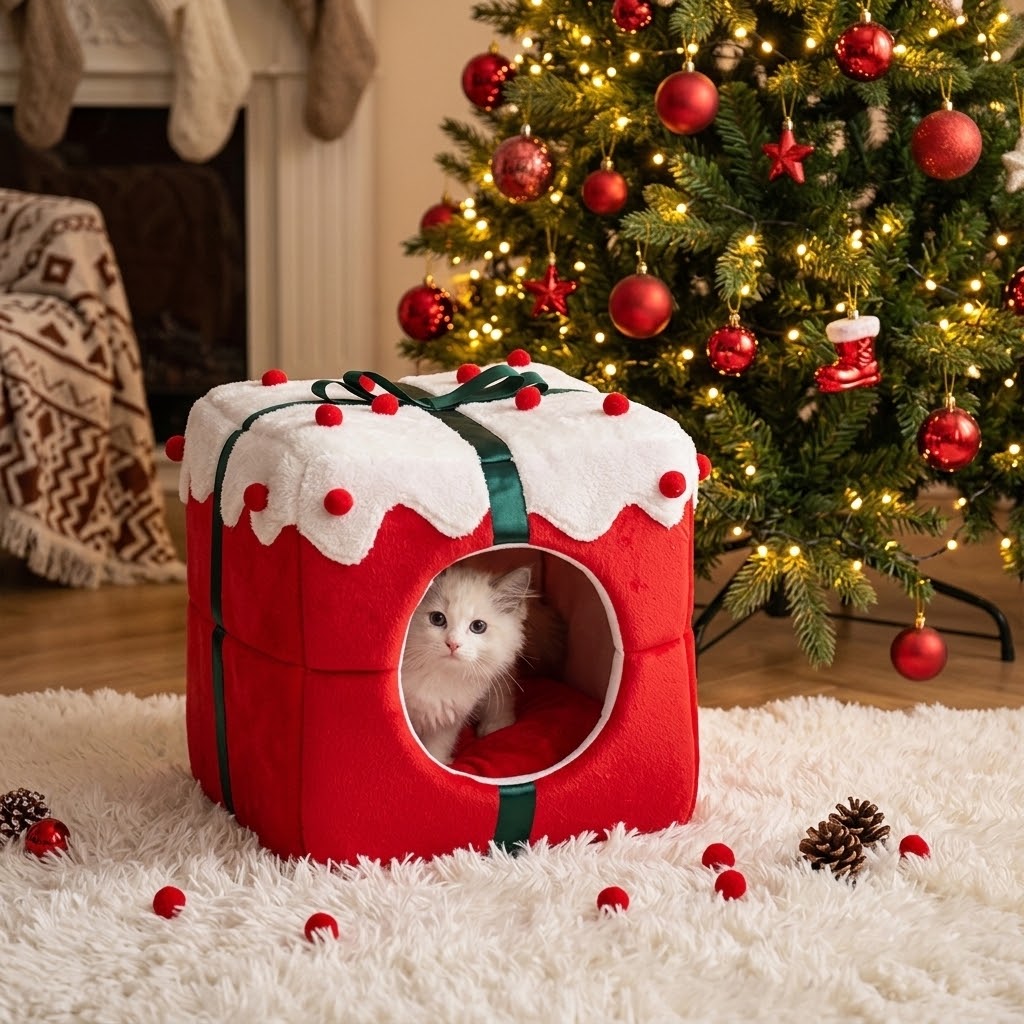 Cama cueva navideña tipo regalo para gatos y perros pequeños