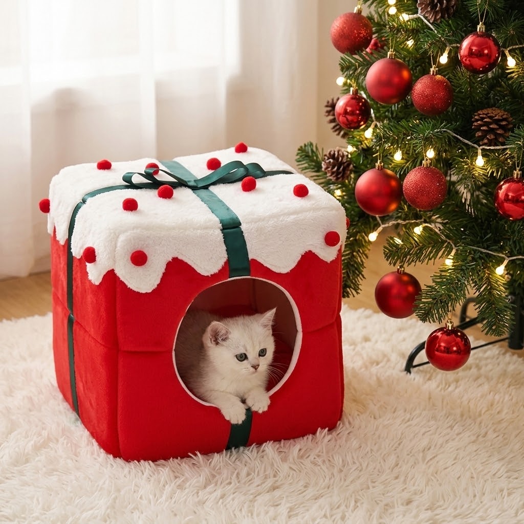 Cama cueva navideña roja con gatito blanco junto al árbol de Navidad