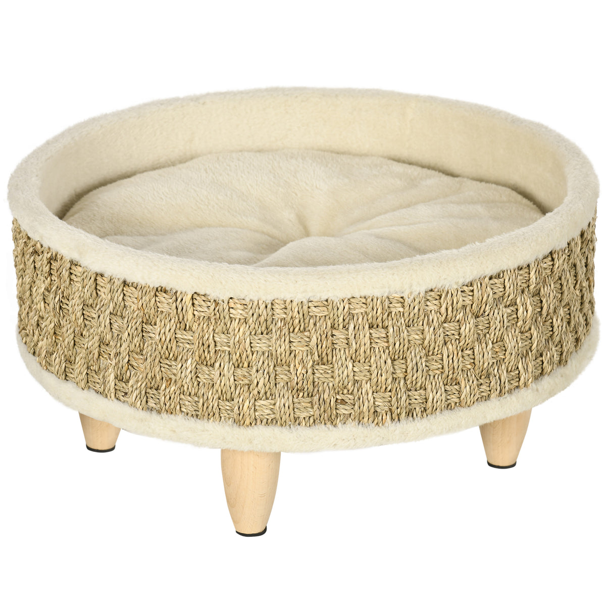 Cama redonda elevada para perros y gatos con cojín beige