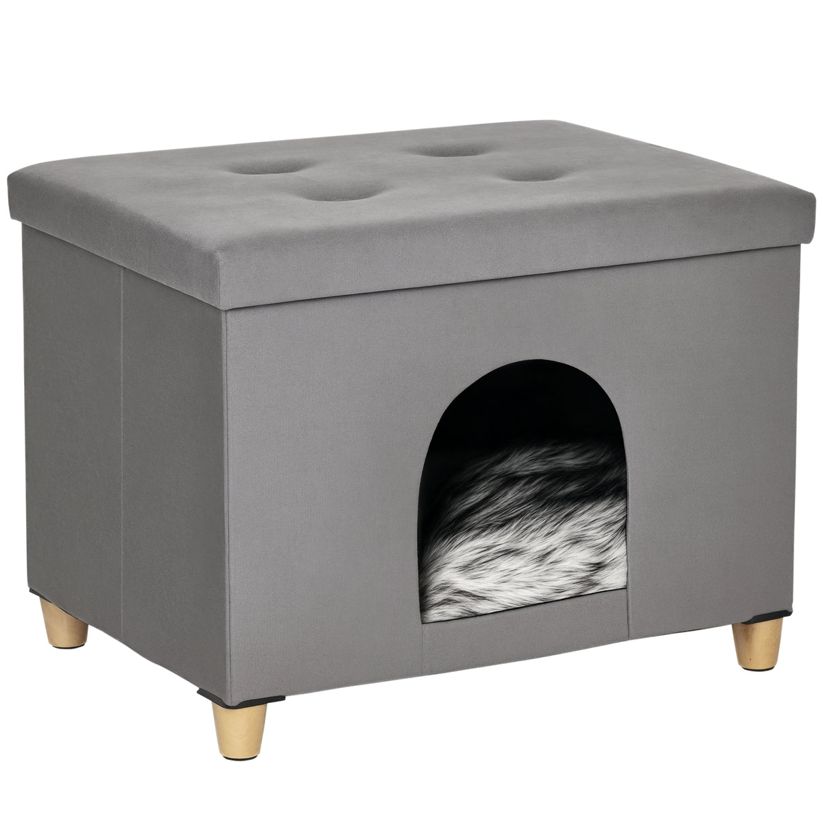 Cueva para gatos 2 en 1 con reposapiés y cojín de felpa, gris