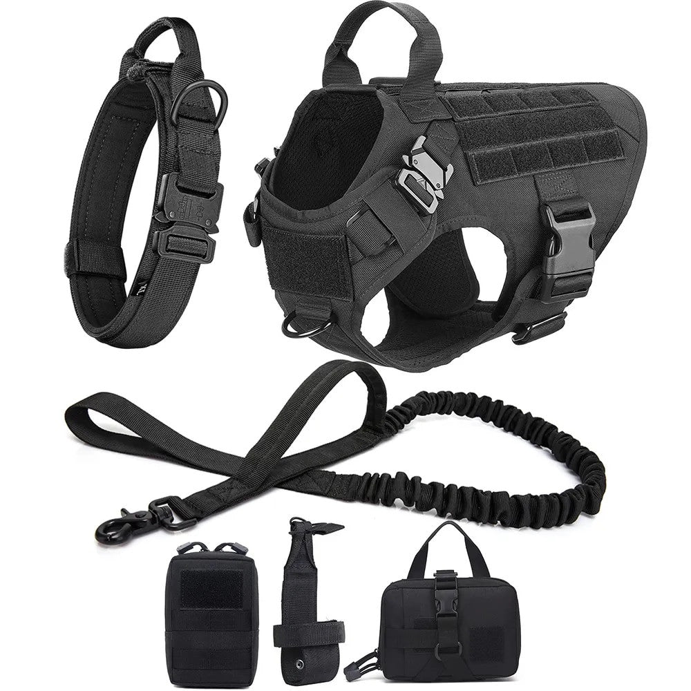 Set táctico 3 piezas para perros: arnés MOLLE, collar y correa elástica