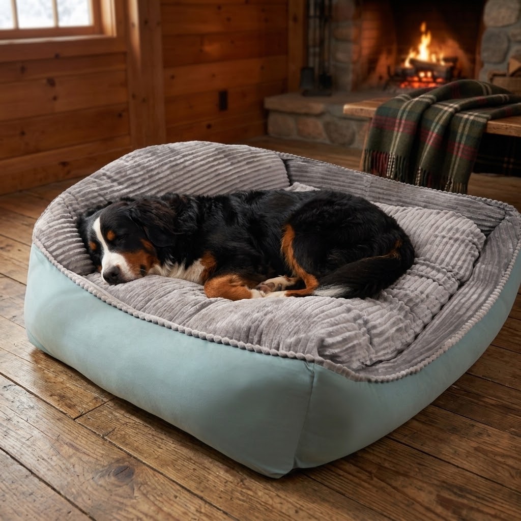 Cama tipo sofá de forro polar para perros grandes en cabaña de montaña