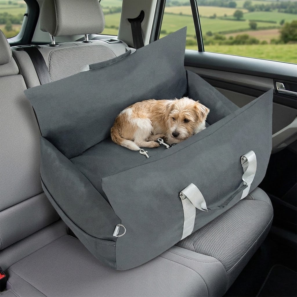 Cama de viaje acolchada para coche con perrito en el asiento trasero