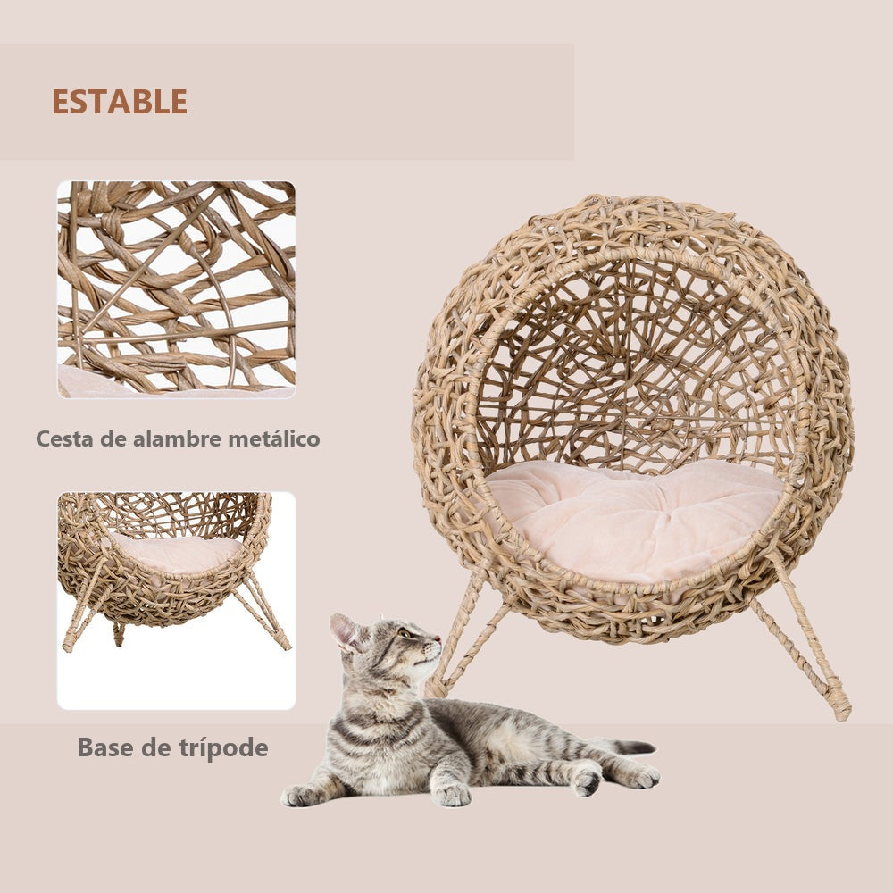 Cama cueva elevada de ratán para gatos con cojín de felpa, beige - foto 8