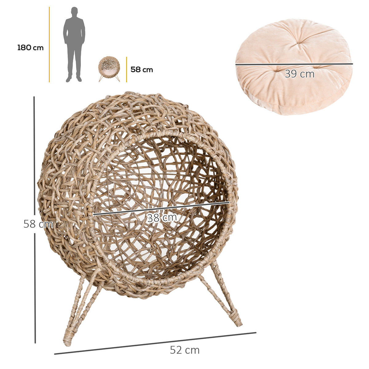 Cama cueva elevada de ratán para gatos con cojín de felpa, beige