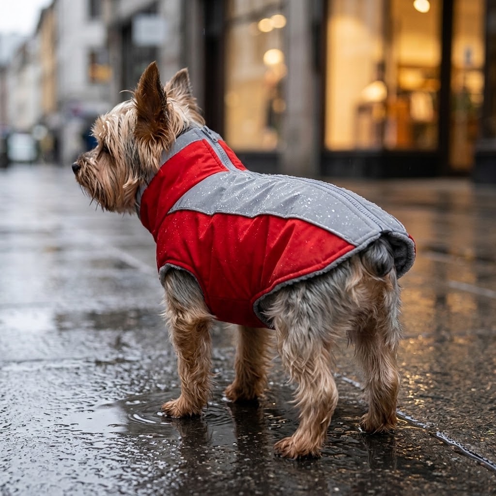 Perro pequeño con mono térmico rojo y gris paseando bajo la lluvia