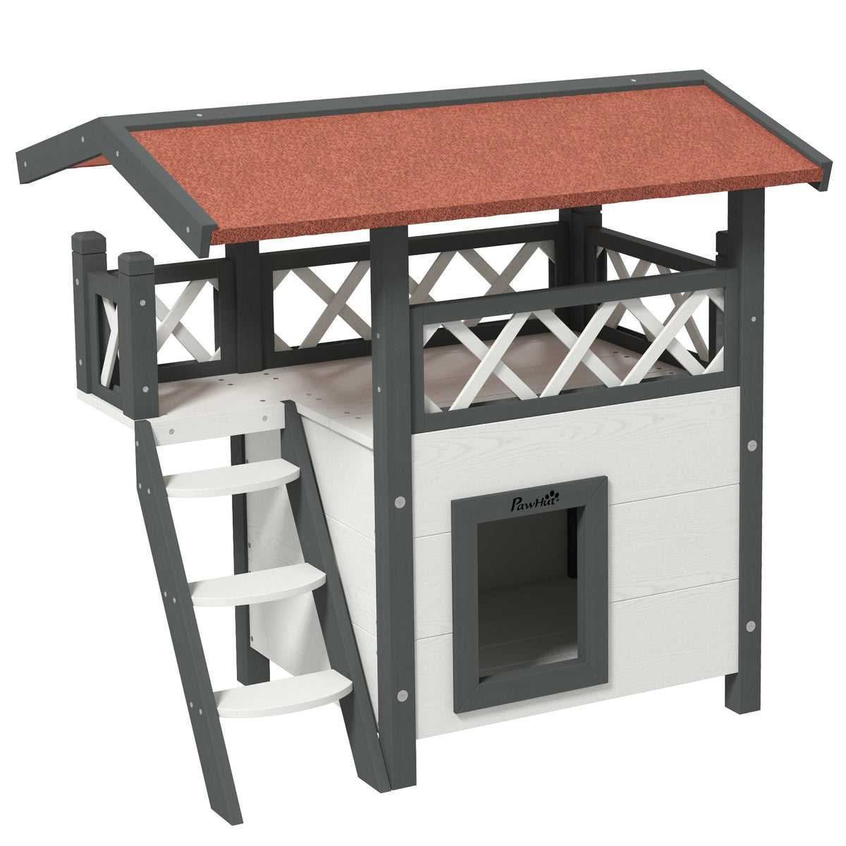 Caseta de madera para gatos con terraza y escalera