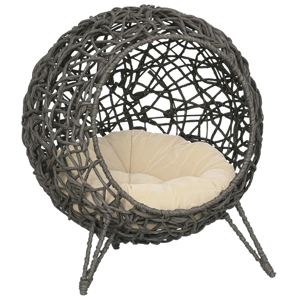 Cama cueva elevada de ratán para gatos con cojín, gris