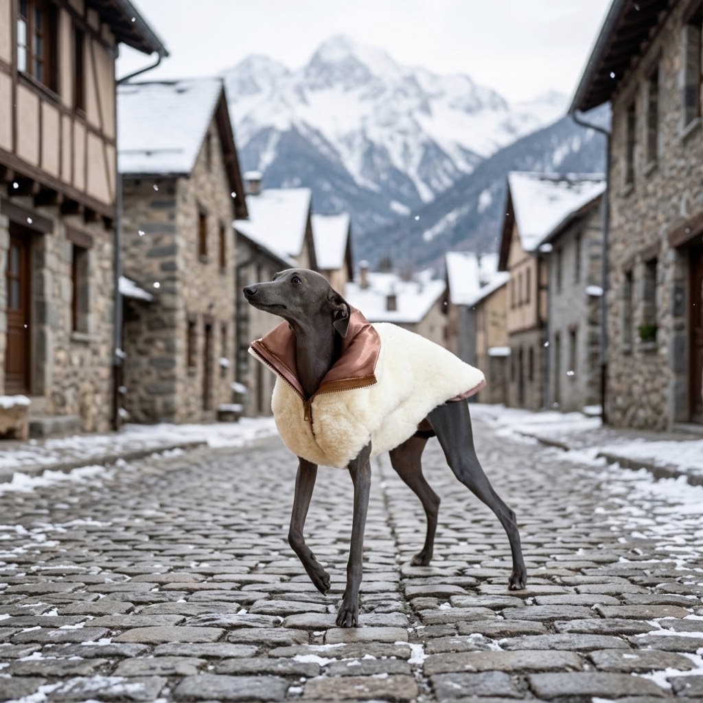 Galgo con chaleco de lana blanco paseando por un pueblo de montaña nevado