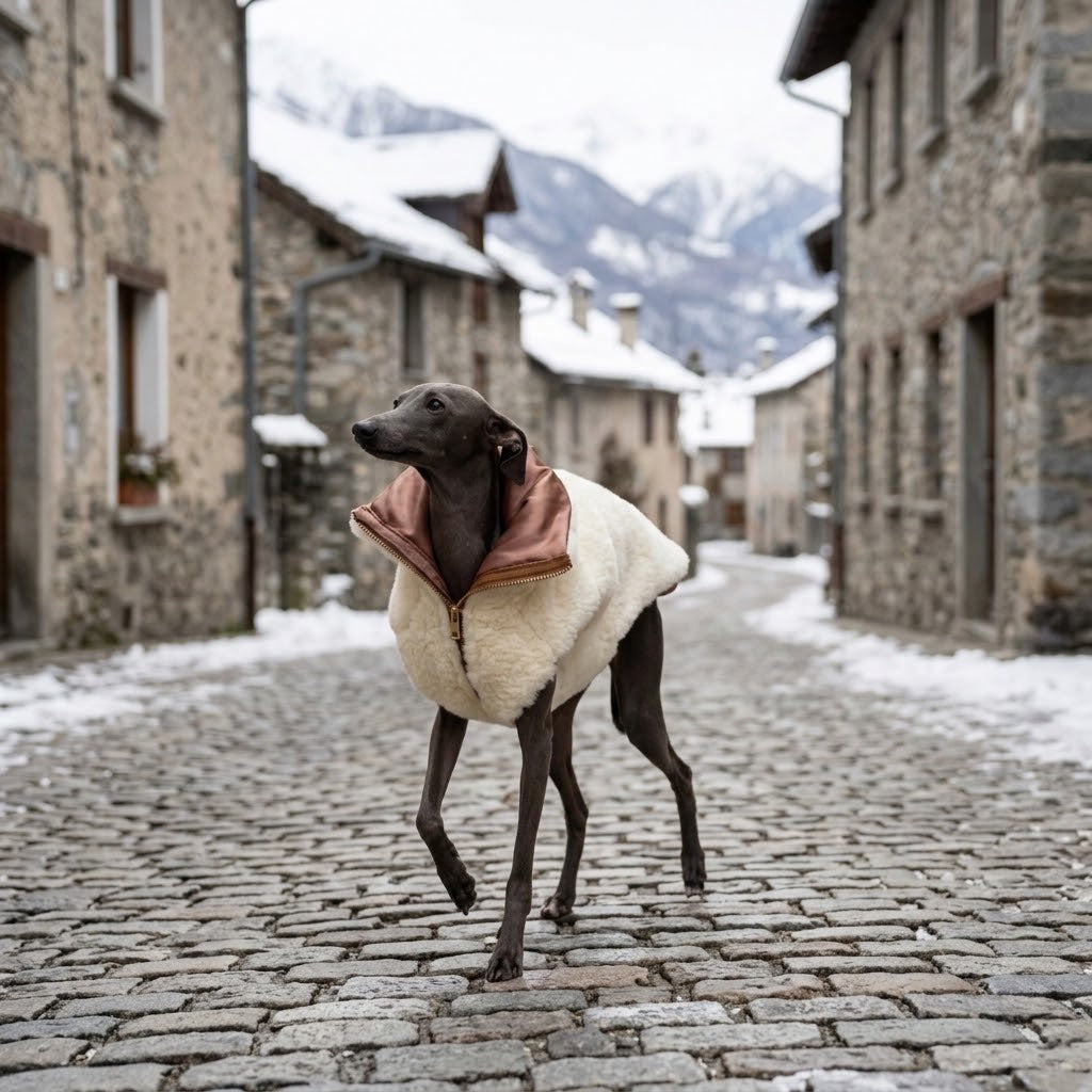 Galgo con chaleco blanco Mellow en una calle empedrada con nieve