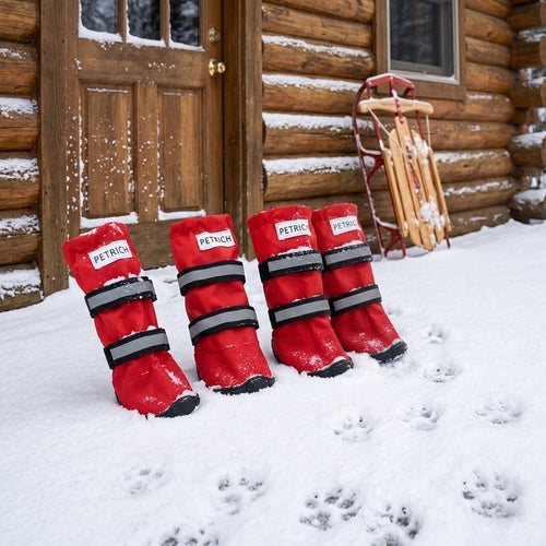 Botas impermeables y cálidas para perro en la nieve con un trineo al fondo