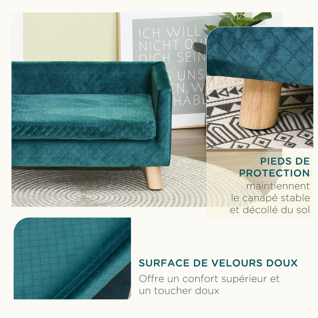 Sofá de terciopelo para perros pequeños con patas de madera, azul verdoso