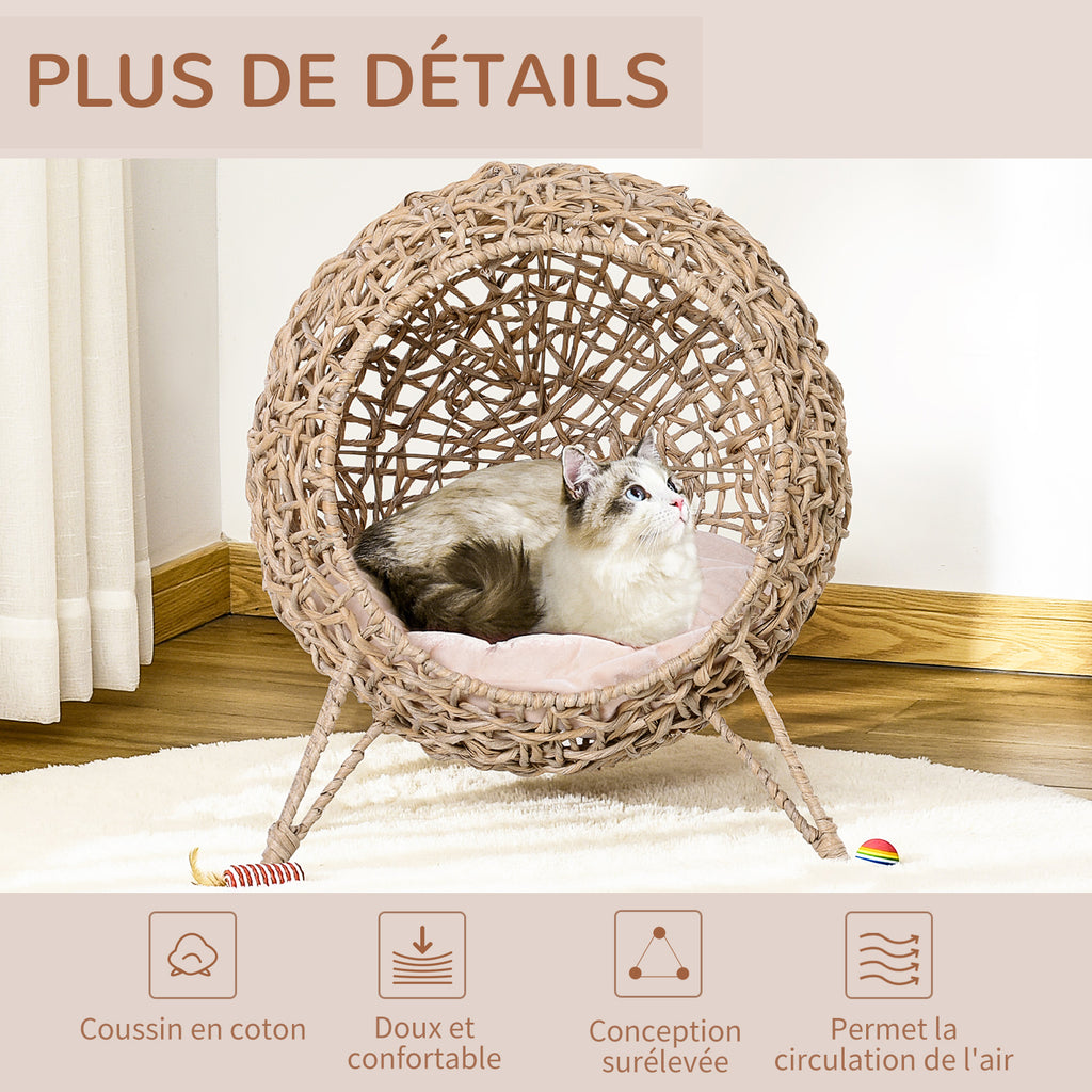 Cama cueva elevada de ratán para gatos con cojín de felpa, beige