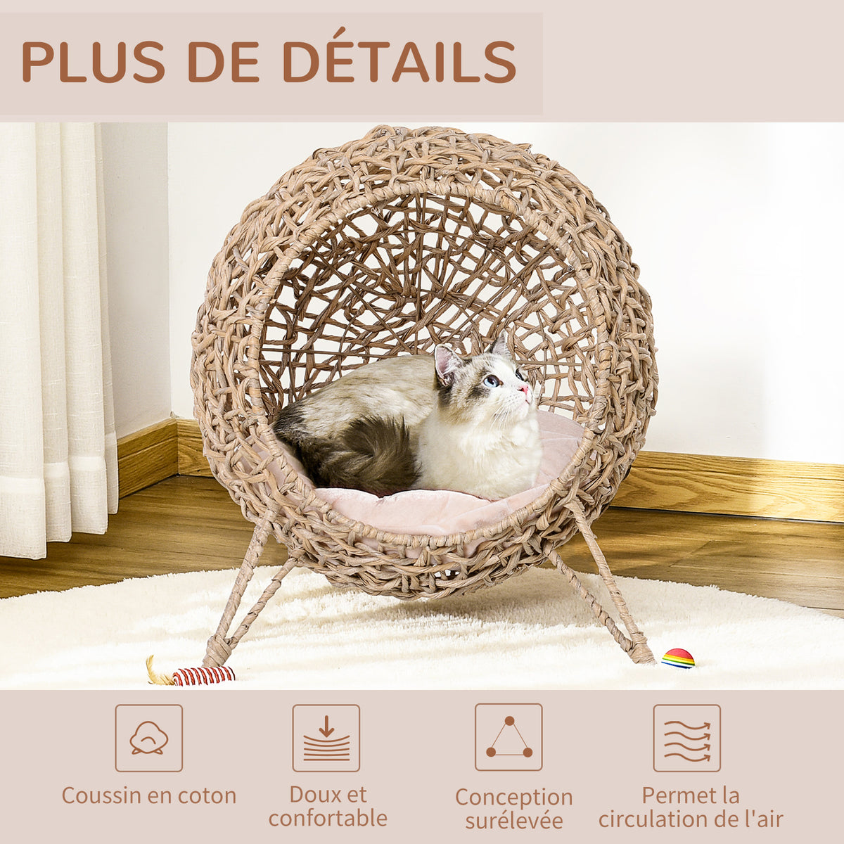 Cama cueva elevada de ratán para gatos con cojín de felpa, beige