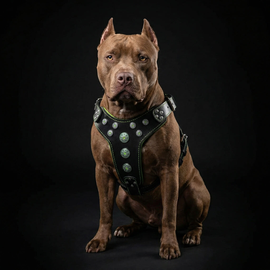 Arnés de cuero Bestia Bijou negro y verde para perros grandes