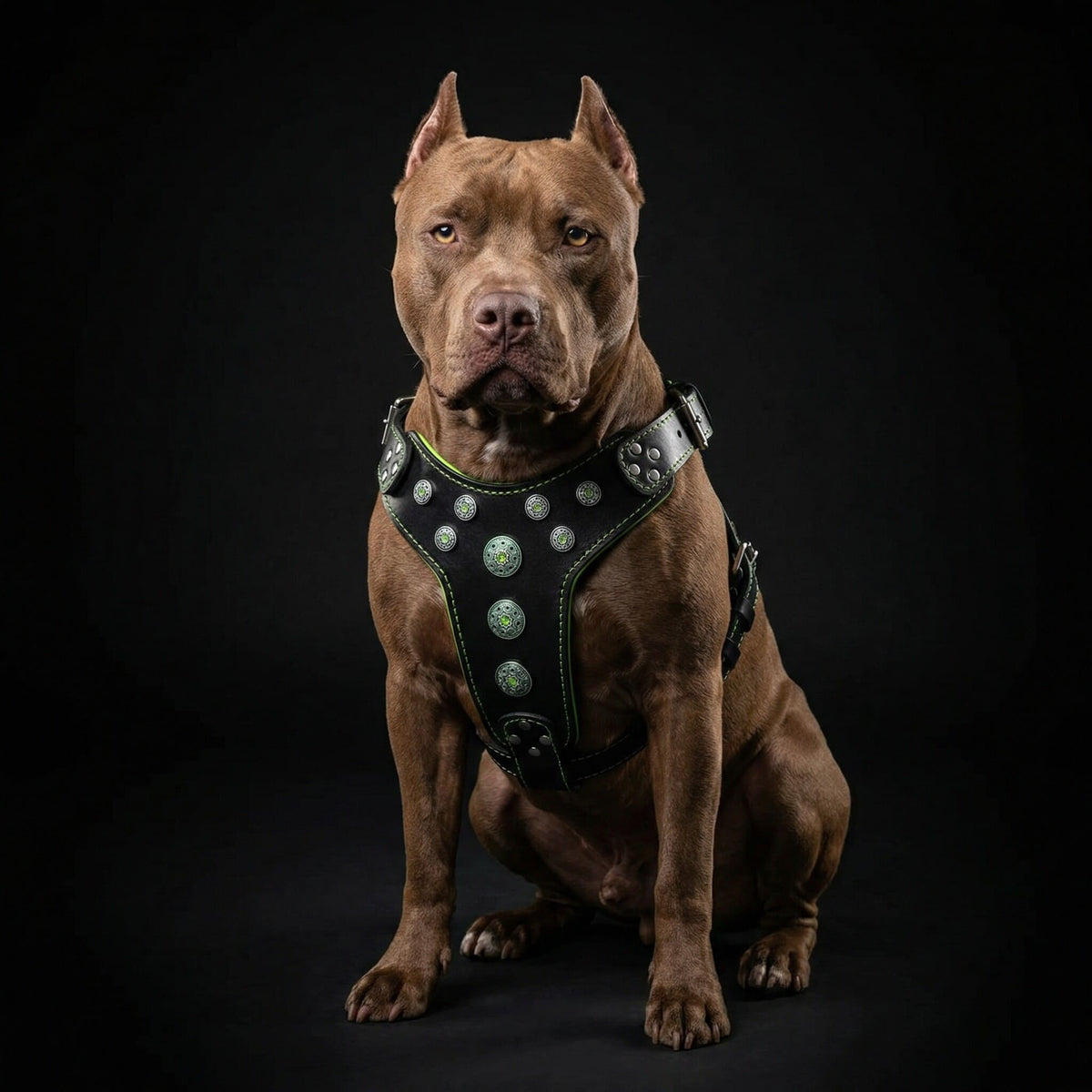 Arnés de cuero Bestia Bijou negro y verde para perros grandes
