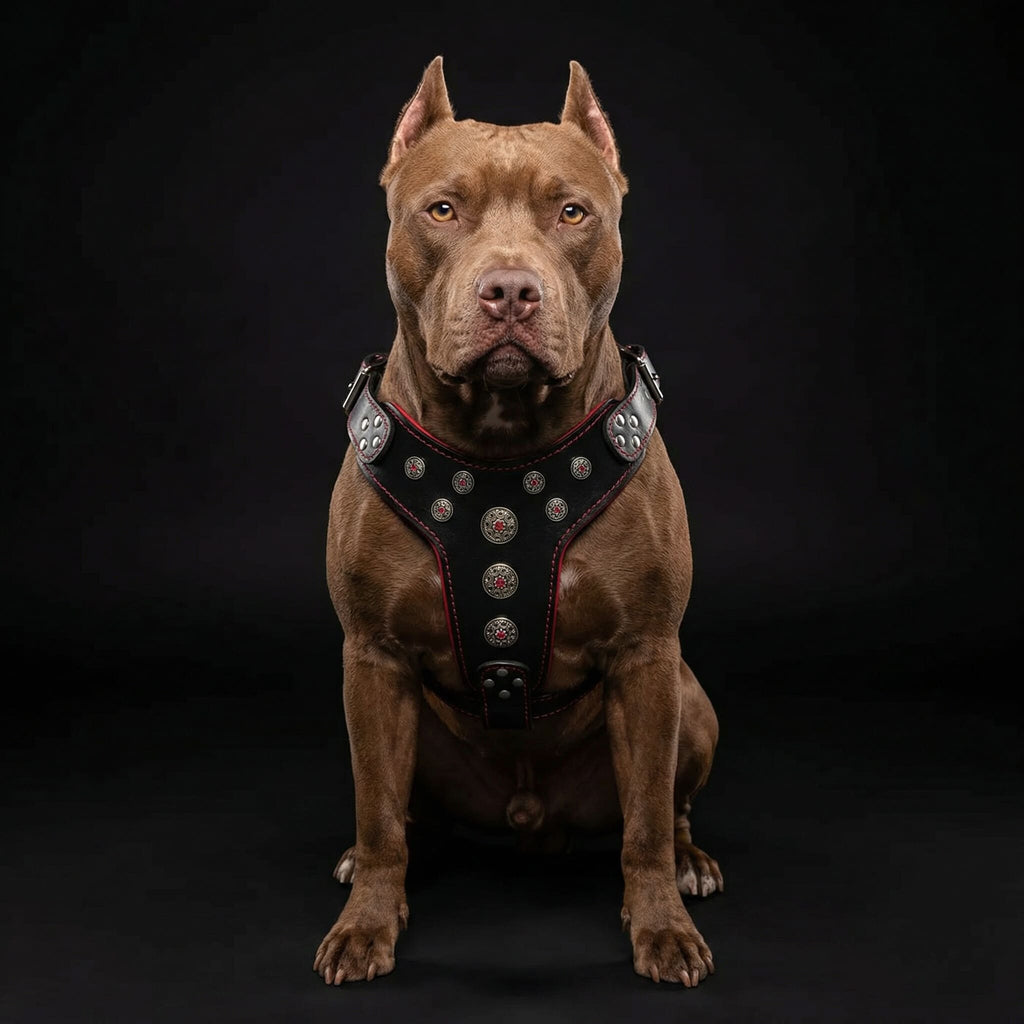 Arnés de cuero Bestia Bijou negro y rojo para perros grandes