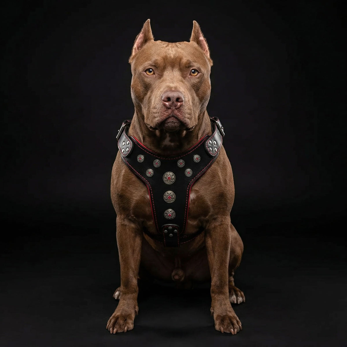 Arnés de cuero Bestia Bijou negro y rojo para perros grandes