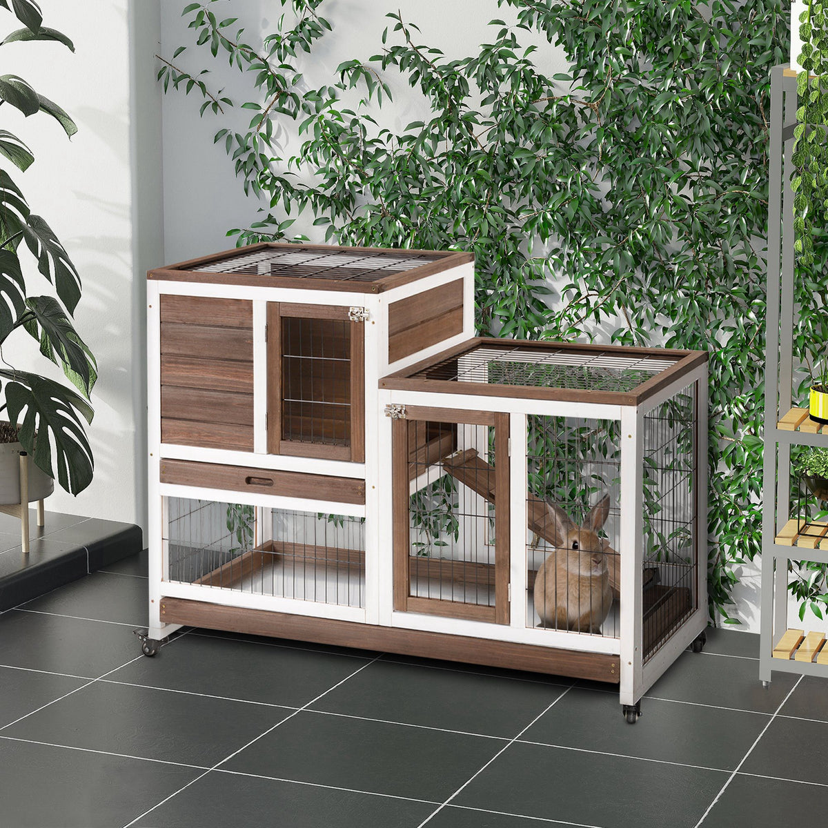 Conejera de madera de 2 pisos con ruedas y rampa, 110 x 50 x 88 cm