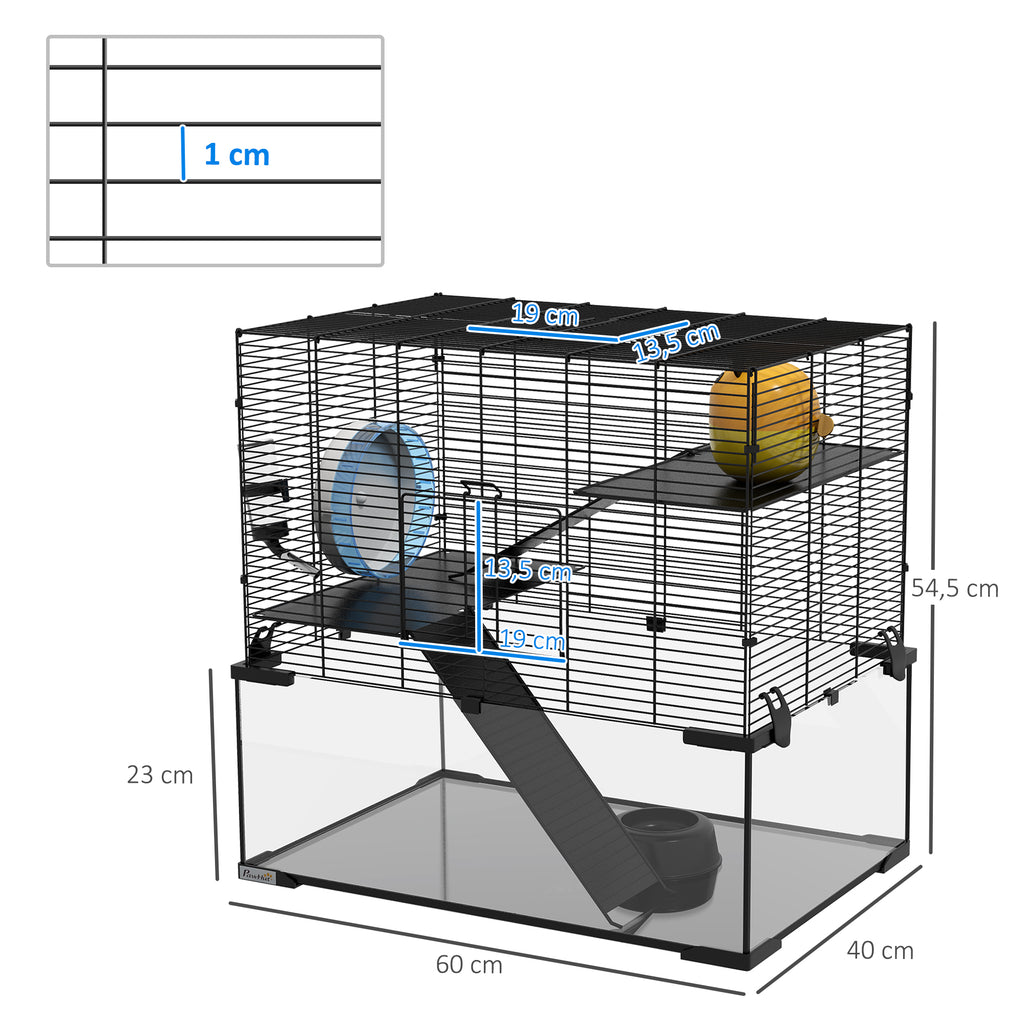 Jaula para hámster de 3 niveles con rueda, rampas y casita, 60 x 40 x 54,5 cm, negro, foto 6 de 9