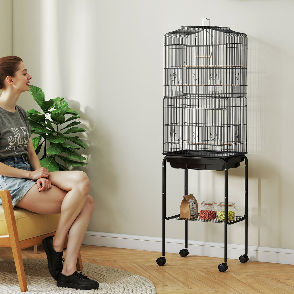 Jaula para pájaros con soporte, ruedas y estante, 157 cm, negra