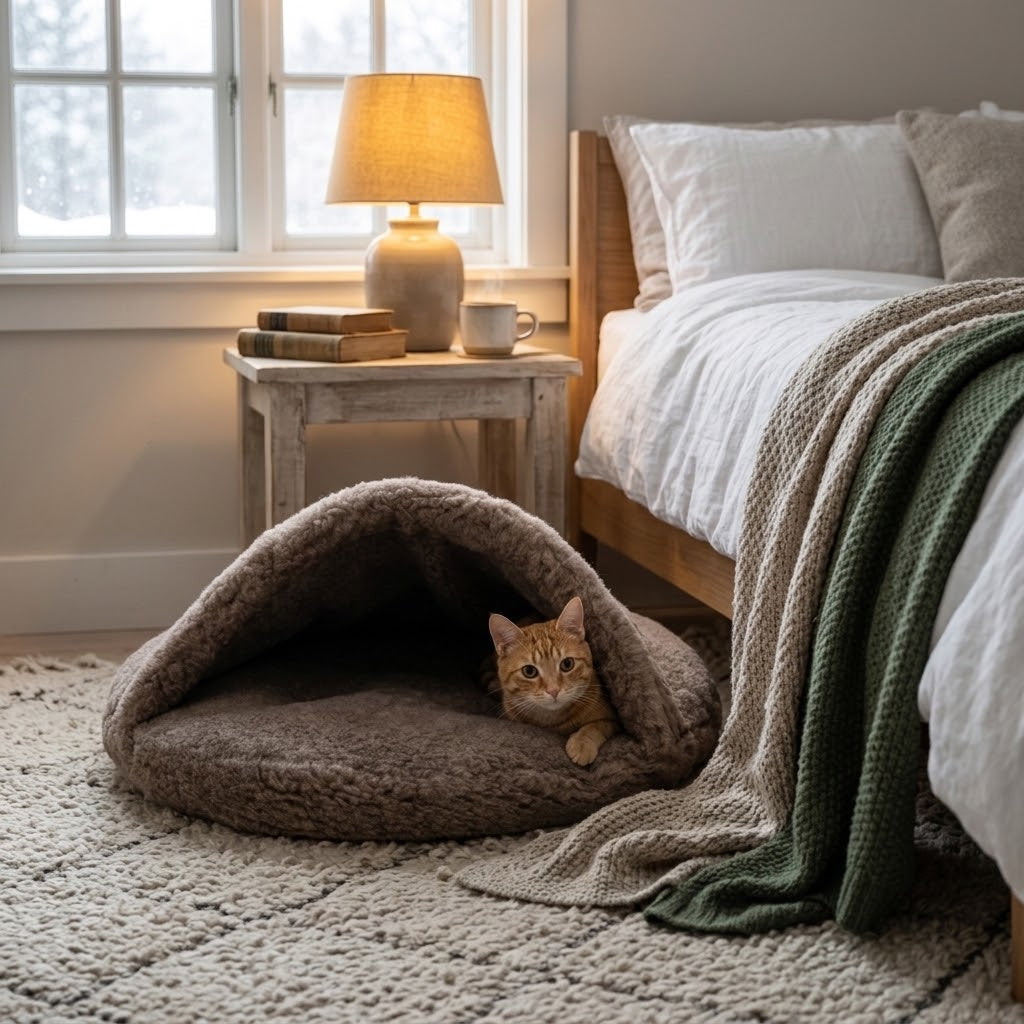 Gato en una cueva de lana Mellow beige en un dormitorio acogedor