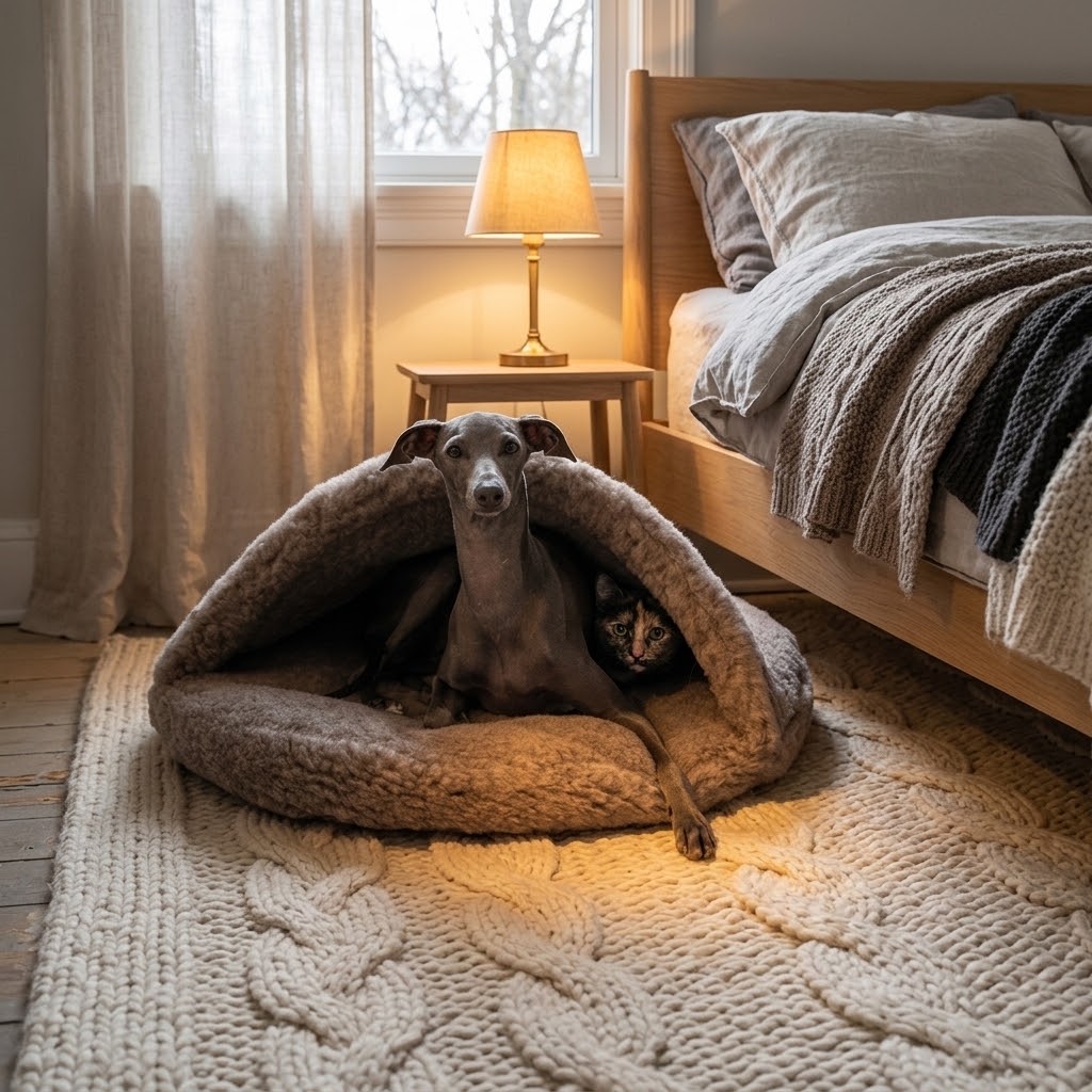 Perro en una cama cueva de lana Mellow junto a la cama con luz cálida