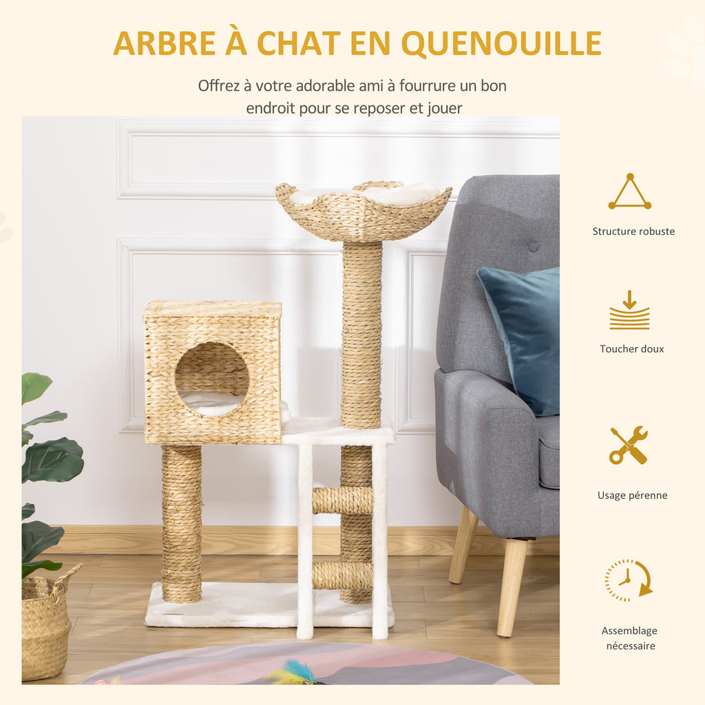 Árbol rascador de 100 cm con cueva de totora y cama para gatos