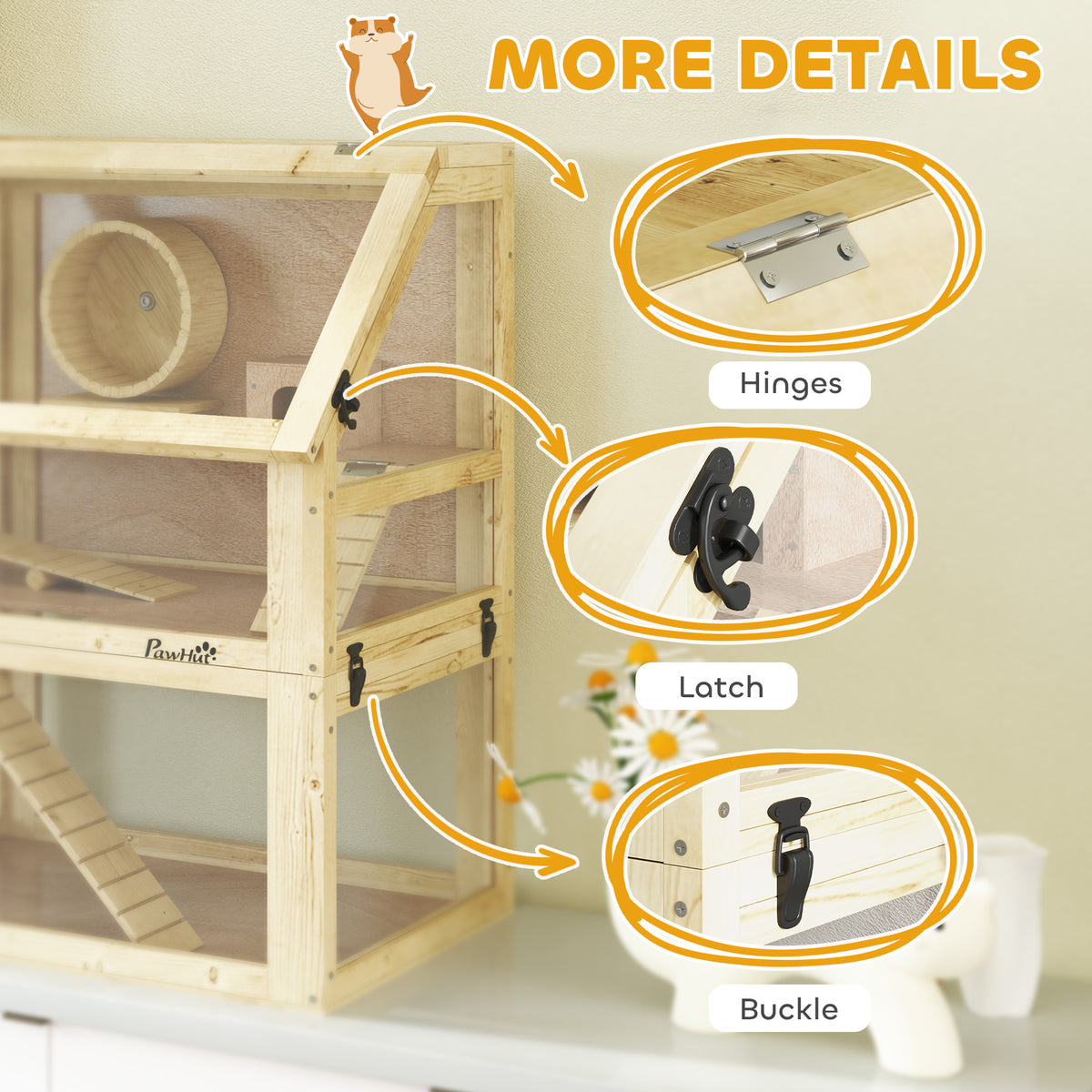 Jaula de madera para hámster de 3 niveles con accesorios