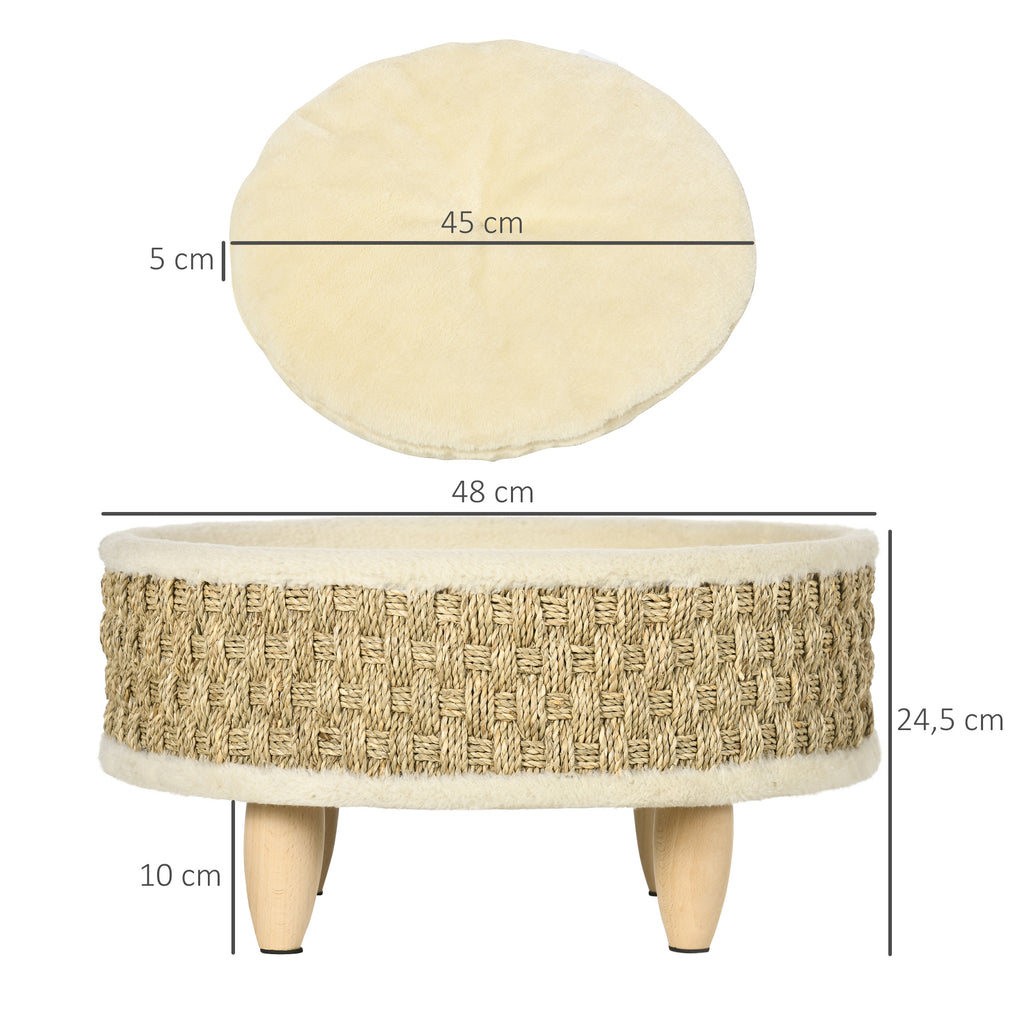 Cama redonda elevada para perros y gatos con cojín beige