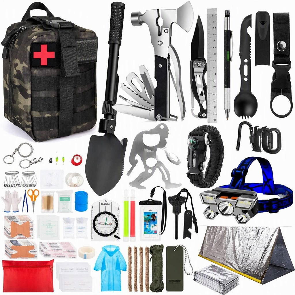 Kit de supervivencia y botiquín de montaña con bolsa táctica y todo su contenido
