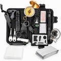 Kit de supervivencia en caja compacta con linterna, brújula, manta térmica y herramientas