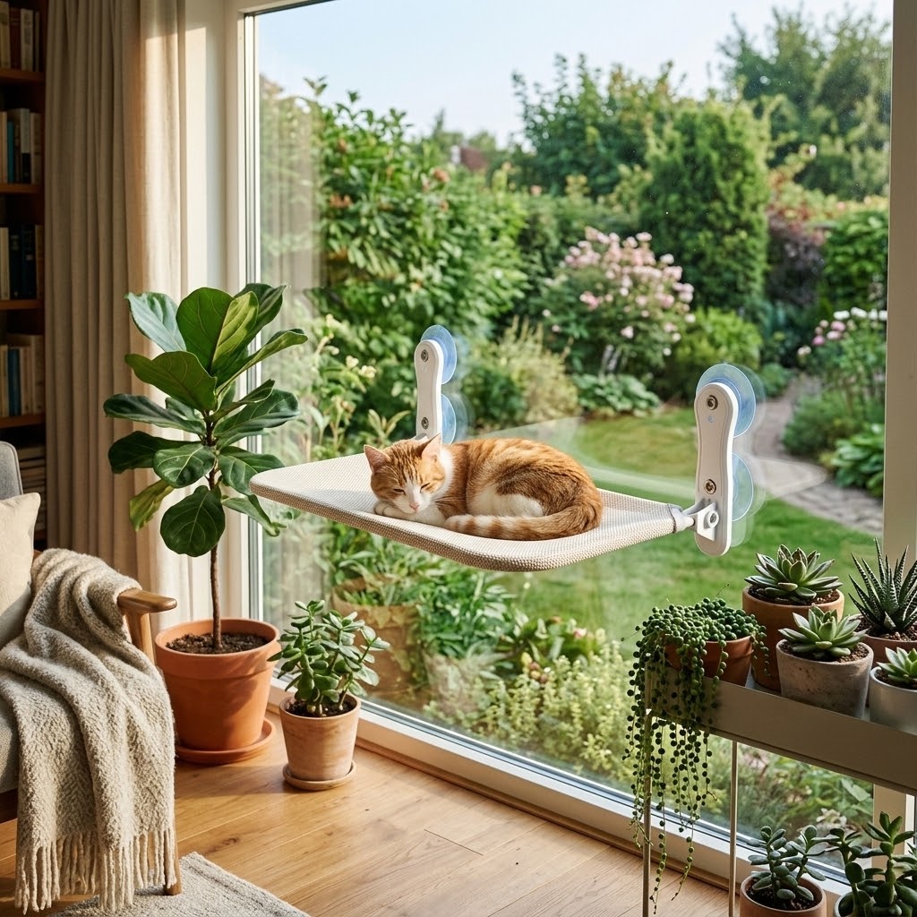 Hamaca para ventana para gatos con ventosas en salón luminoso con plantas