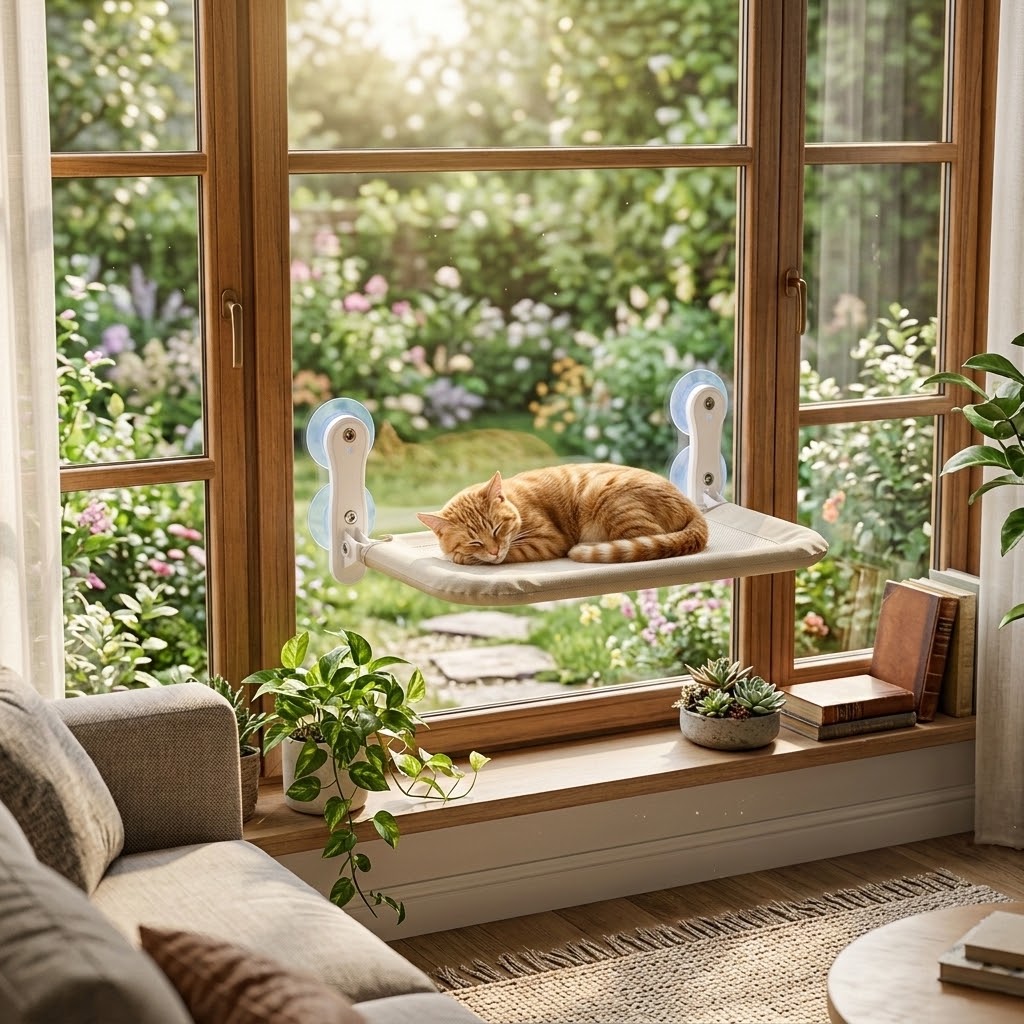 Hamaca para ventana con gato tumbado al sol y jardín al fondo