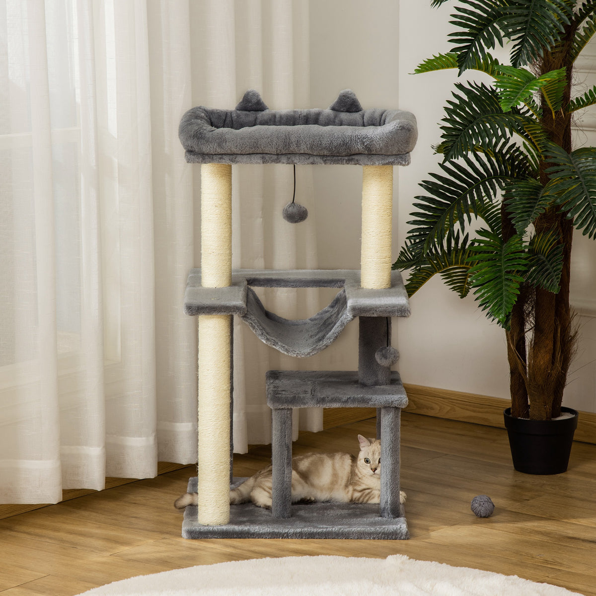 Árbol rascador para gatos con hamaca y refugio gris