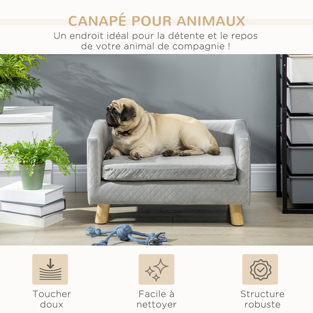 Sofá de terciopelo para perros pequeños con patas de madera, gris oscuro