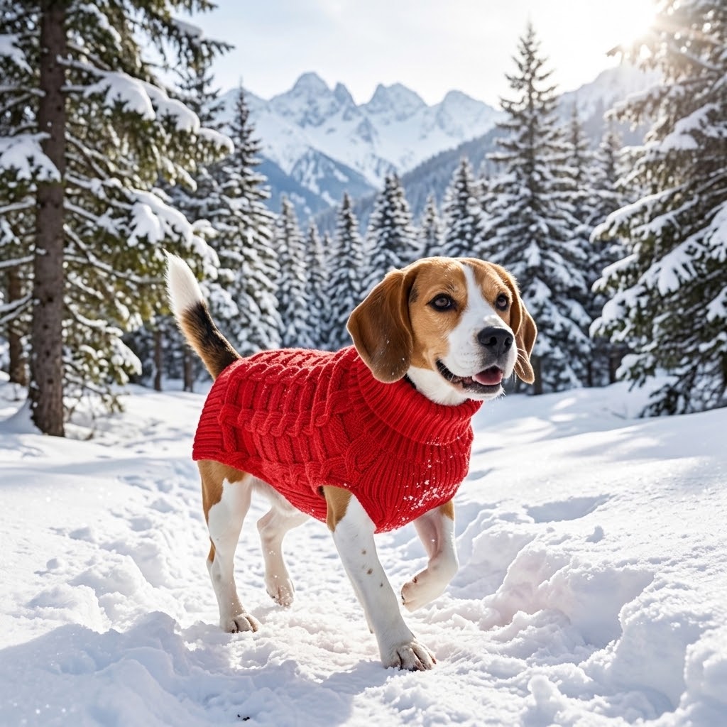 Beagle con jersey rojo de lana trenzada paseando por un bosque nevado