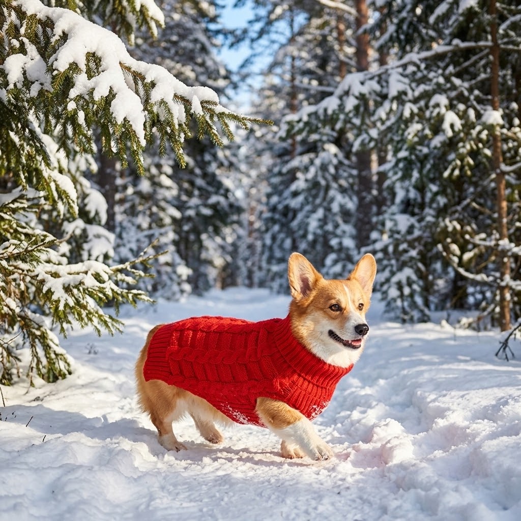Corgi con jersey rojo de lana trenzada en la nieve de un bosque de pinos