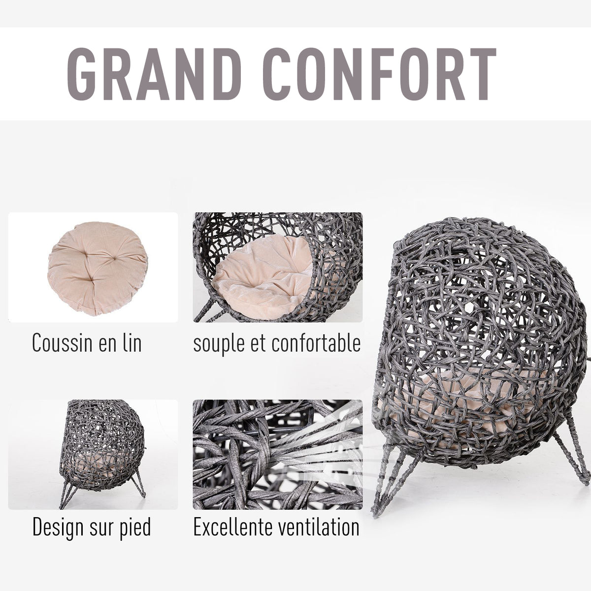 Cama cueva elevada de ratán para gatos con cojín, gris