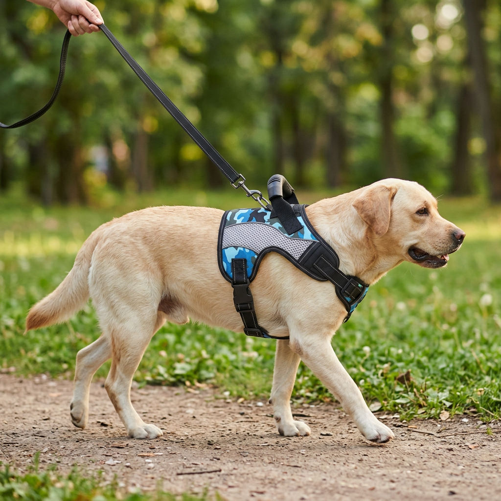 Labrador paseando por un parque con el arnés reflectante en camuflaje azul