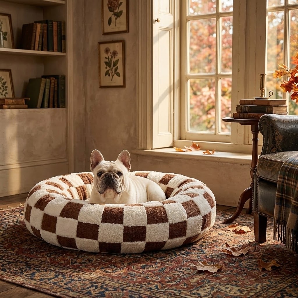 Bulldog francés en una cama redonda de cuadros en un salón vintage en otoño