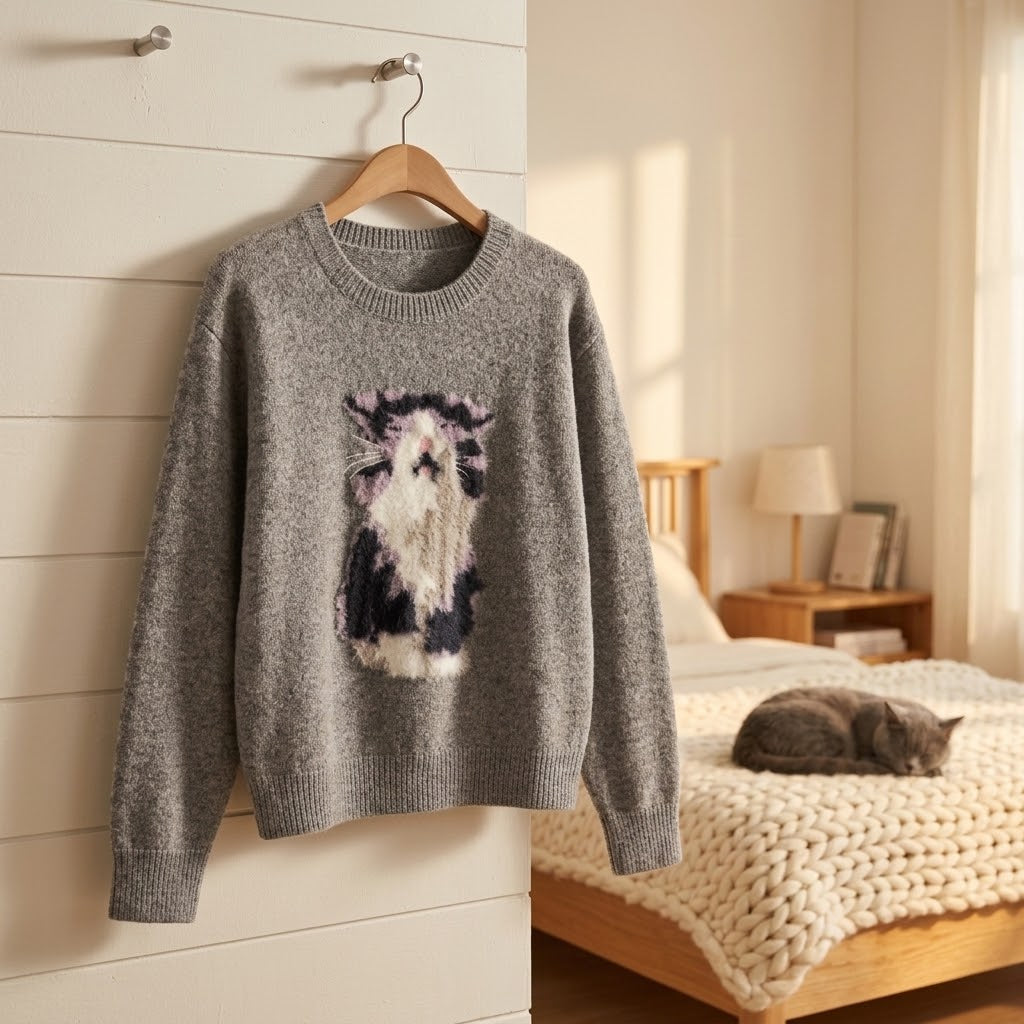 Jersey de punto con gato para amantes de los gatos junto a cama con gato dormido