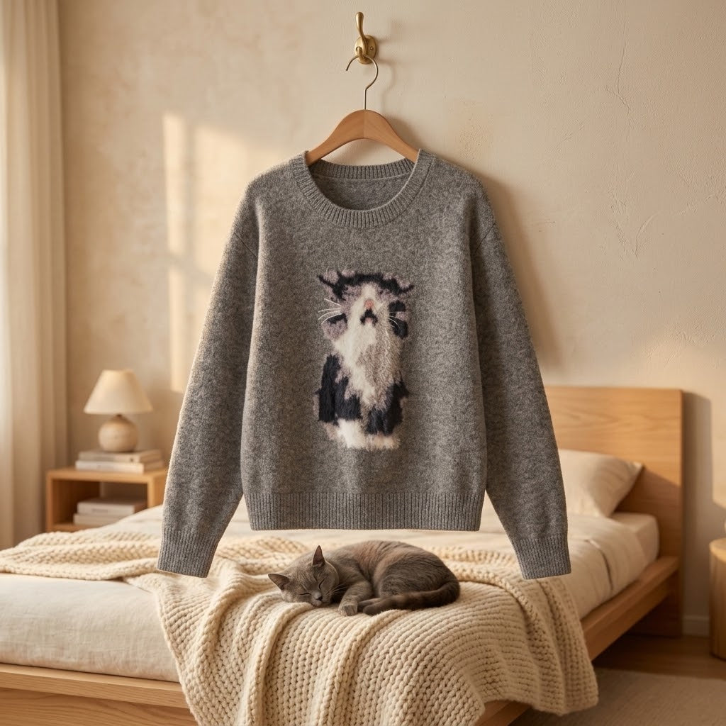 Jersey gris de punto jacquard con estampado de gato colgado en dormitorio nórdico