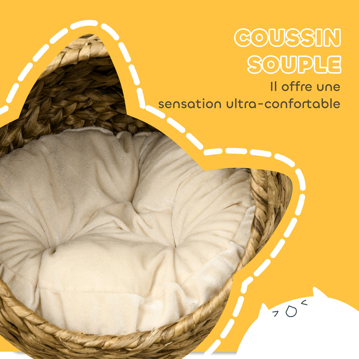 Cama cueva de fibra trenzada para gatos con cojín lavable, 40 x 37 x 51 cm