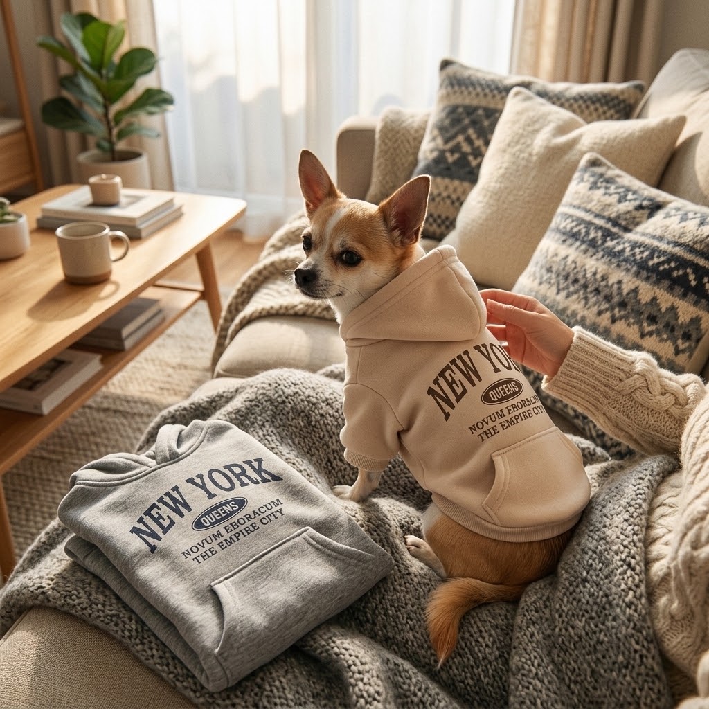 Chihuahua con sudadera afelpada New York en un sofá acogedor en invierno