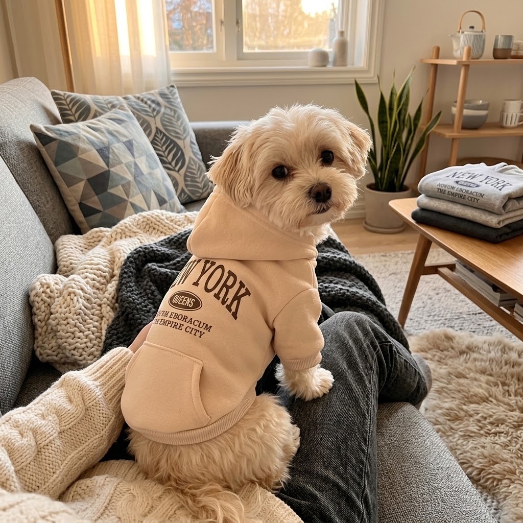 Perro pequeño con sudadera afelpada beige sentado en un sofá con mantas