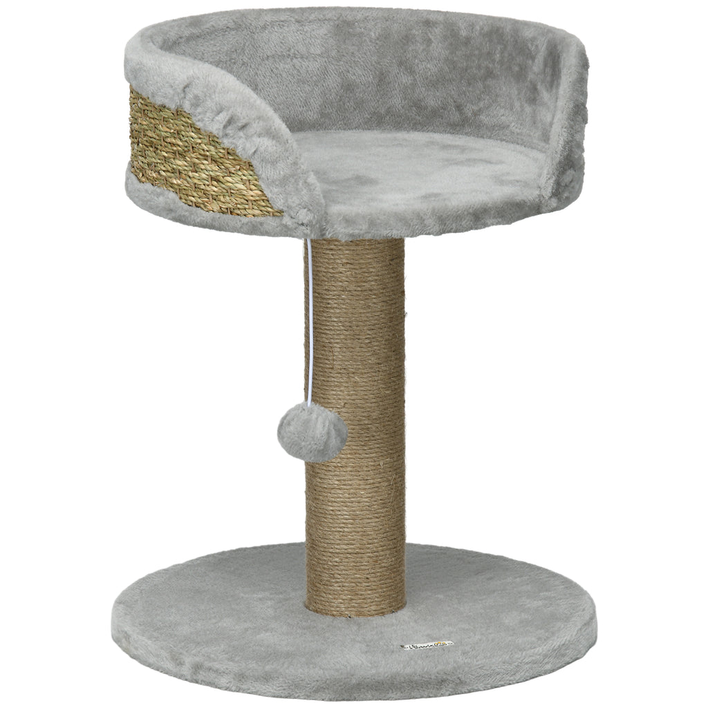 Rascador pequeño para gatos con pompón y plataforma, 40 x 40 x 49 cm, gris