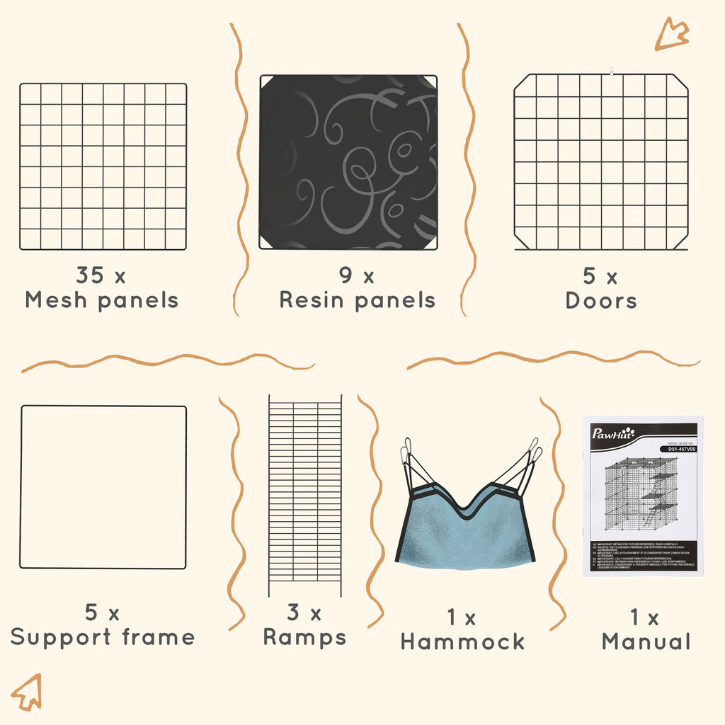 Parque modular de acero para gatos y conejos, 4 niveles