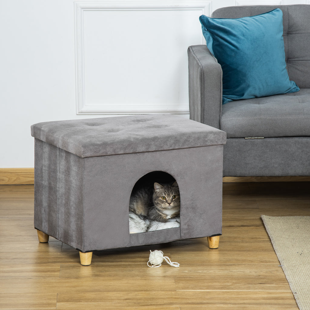 Cueva para gatos 2 en 1 con reposapiés y cojín de felpa, gris